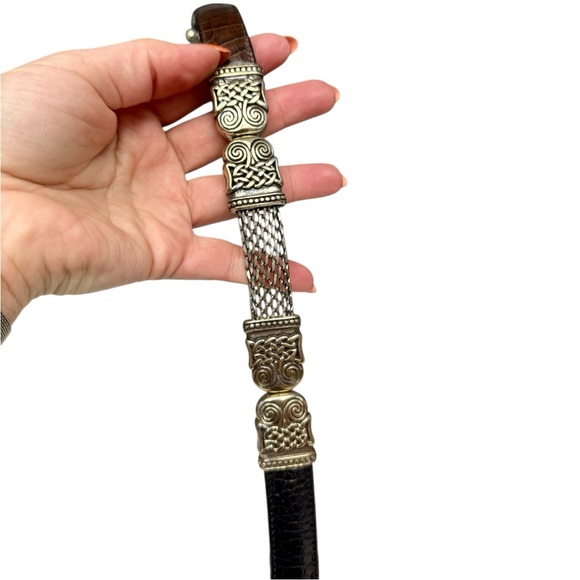 Vintage Brown Croc Embossed Leather Belt Ornate Silver Western Scroll Buckle - Picture 3 of 11